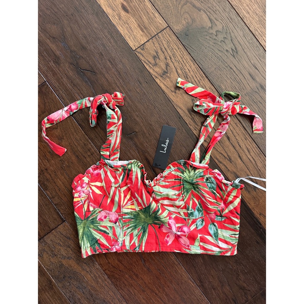 Lulus Red Tropical Floral Print Crop Top Tie Strap Smocked Back Medium NWT